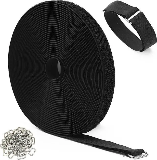 Main image of 32ft Hook and Loop Straps 0.8 Inch Wide with 50 Metal Buckles Adjustable Cable Straps Fastening Nylon Cable Wire Cord Ties Black Cinch Straps for Organizing Cables and Securing Wire Cords