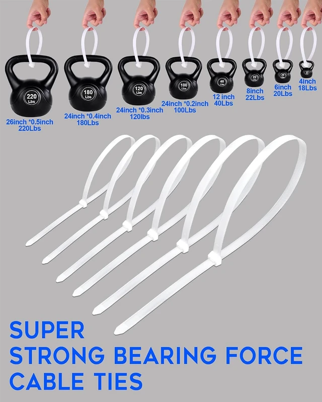 Alt view image 2 of 7 - Zip Ties Assorted Sizes 400 Pack 4/6/8/12 Inch Cable Ties Heavy Duty Plastic Wire Ties UV Resistant Zipties Black Small Zip Tie Wraps Assortment Cord Management for Home Office Gardening