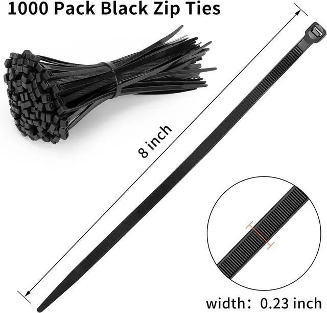 Alt view image 2 of 7 - Black Zip Ties 8 inch 1000 pack Heavy Duty with Tensile Strength 75lbs Cable Ties UV Resistant Industrial Self Locking 8 Zipties Bulk Nylon Wire Tie Wraps Workshop Camping Outdoor Use Zcpotizi