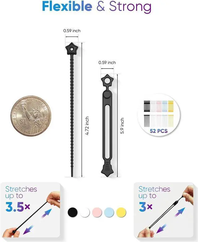 Alt view image 2 of 7 - 52-Pack Silicone Cable Ties Reusable Cord Organizer Straps With 2 Binding Methos Durable & Stretchable Wire Management for Home Office Travel (Multicolor)