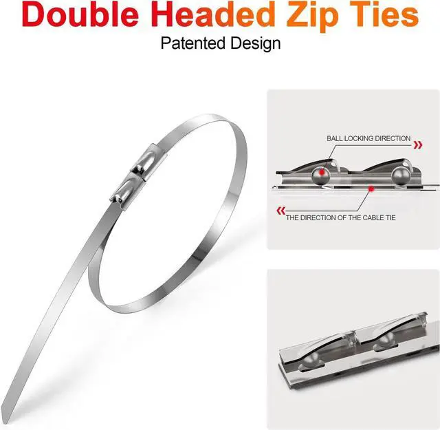 Alt view image 2 of 7 - Metal Zip Ties (200PCS 11.8 Inch) 304 Stainless Steel 300 LBS Heavy Duty Double Headed Self-locking Multi-Purpose Cable Ties for Exhaust Wrap Chain Link Fence Parts Machinery Cables Farms Roofs