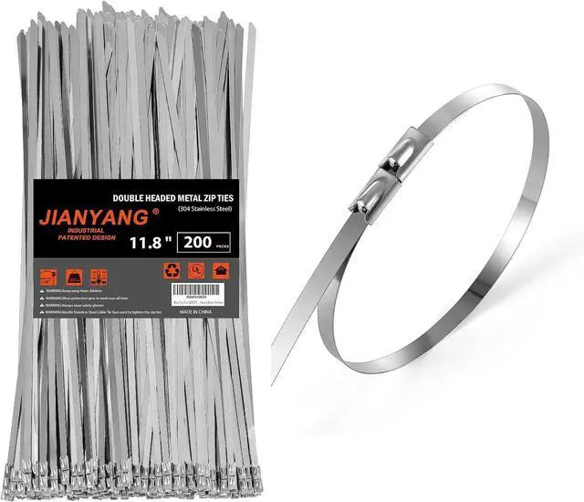 Main image of Metal Zip Ties (200PCS 11.8 Inch) 304 Stainless Steel 300 LBS Heavy Duty Double Headed Self-locking Multi-Purpose Cable Ties for Exhaust Wrap Chain Link Fence Parts Machinery Cables Farms Roofs