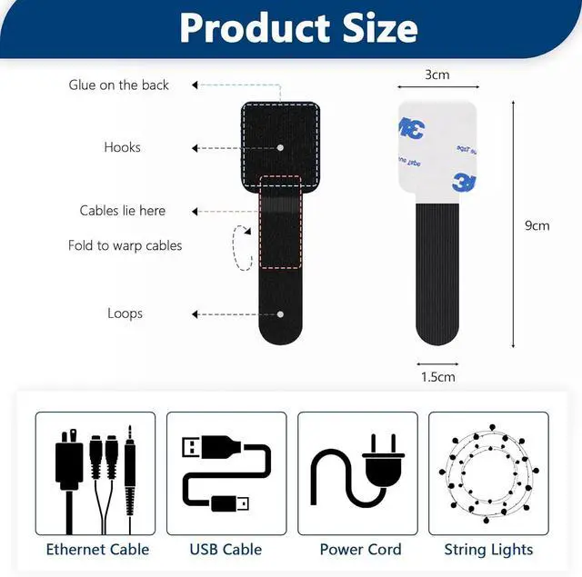 Alt view image 3 of 7 - 50 PCS Hook and Loop Cable Ties Under Desk Cable Management Self Adhesive Cable Tidy Clips Straps Sticky-Back Cord Organizer Wire Organizer for TV PC Laptop Ethernet Desktop Black