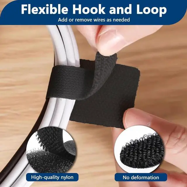 Alt view image 6 of 7 - 50 PCS Hook and Loop Cable Ties Under Desk Cable Management Self Adhesive Cable Tidy Clips Straps Sticky-Back Cord Organizer Wire Organizer for TV PC Laptop Ethernet Desktop Black