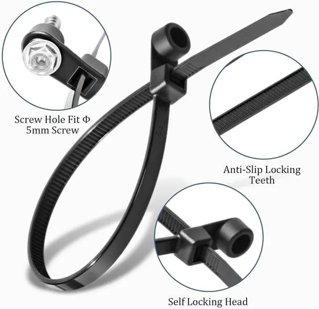 Alt view image 2 of 6 - 500 Pcs Plastic Zip Tie with Screw Hole 12 Inch 50lbs Black Screw Zip Ties with Mounting Hole Multipurpose Heavy Duty for Indoor and Outdoor Use