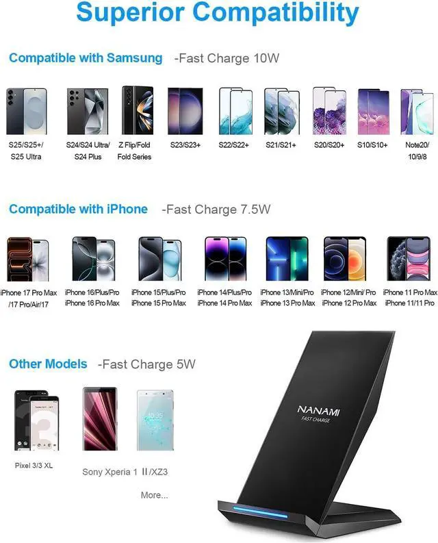 Alt view image 3 of 7 - Fast Wireless Charger with USB Phone Charger Qi Certified Charging Stand with 20W PD Adapter for iPhone 17/17 Pro/17 Pro Max/16/16 Plus/15/14/13/12 10W for  Galaxy S25/S24/S23/S22/S21