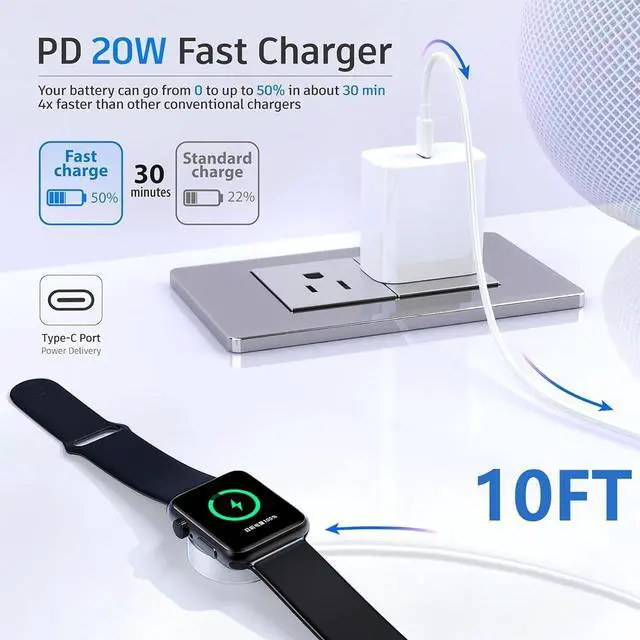 Alt view image 4 of 7 - 10FT for  Watch Charger Long 10 FT iWatch Portable Wireless Fast Charging Cable Cord with USB C i-Watch Charger Plug Compatible with Series 10/9/8/7/SE/6/5/4/3/2/1 2Pack