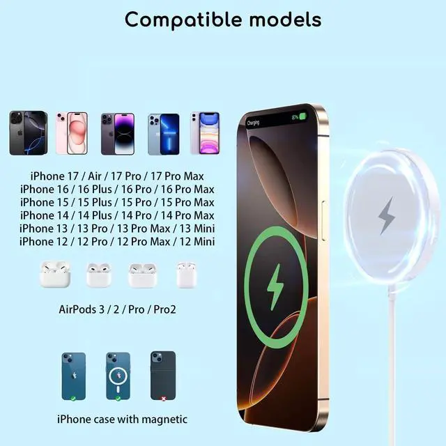 Alt view image 5 of 7 - Magnetic Wireless Charger for iPhone 2Pack 6FT [ MFi Certified]Mag-Safe Charger Cable Wireless Magnetic Charging Cord with USB C Fast Charging Block for iPhone Air/17/17 Pro/17 Promax/16E/16Plus