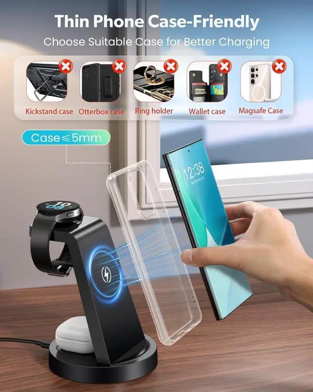 Alt view image 3 of 7 - Wireless Charger for : 3 in 1 Wireless Charging Station for  Galaxy Watch 8 7 6 5 4 3 Pro Classic Galaxy Buds - Charger Dock Stand for S25 S24 Ultra S23 S22 S21 Note Z Fold Android