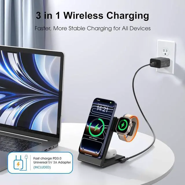 Alt view image 4 of 7 - 3 in 1 Wireless Charging Station for Multiple Devices Fast Foldable Travel Mag-Safe Stand for iPhone 17/16/15/14/13 Series Magnetic Charger for  Watch 11/10/Ultra 3/2/AirPods 4 with 20W Adapter