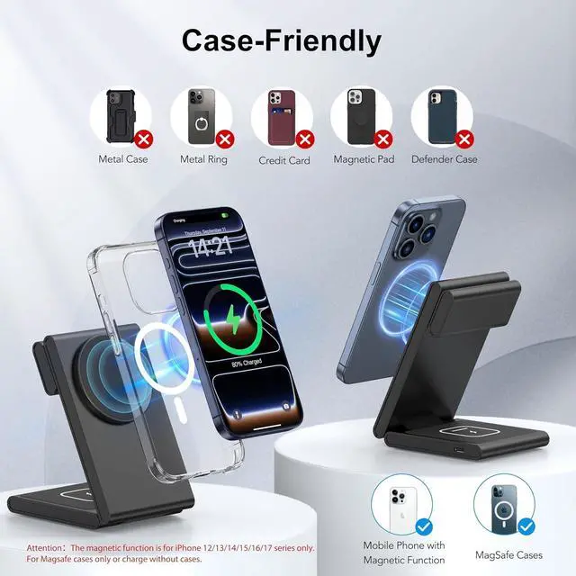 Alt view image 5 of 7 - 3 in 1 Wireless Charging Station for Multiple Devices Fast Foldable Travel Mag-Safe Stand for iPhone 17/16/15/14/13 Series Magnetic Charger for  Watch 11/10/Ultra 3/2/AirPods 4 with 20W Adapter