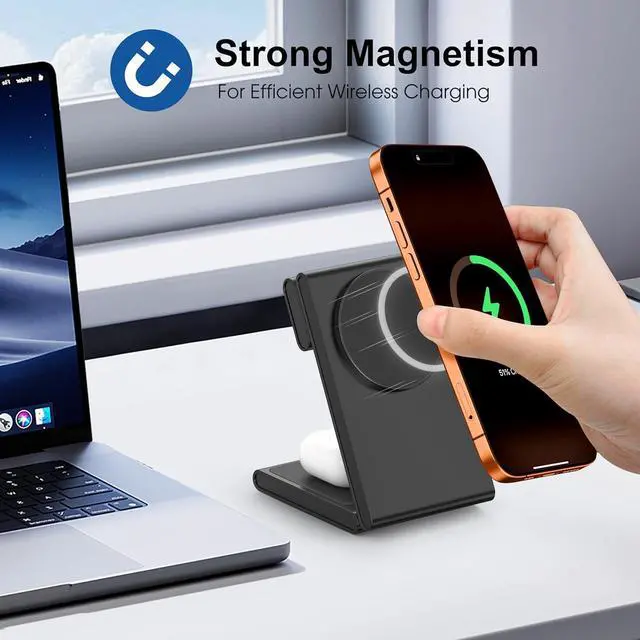 Alt view image 2 of 7 - 3 in 1 Wireless Charging Station for Multiple Devices Fast Foldable Travel Mag-Safe Stand for iPhone 17/16/15/14/13 Series Magnetic Charger for  Watch 11/10/Ultra 3/2/AirPods 4 with 20W Adapter