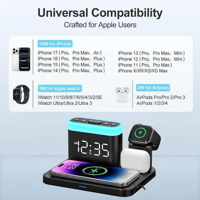 Alt view image 3 of 7 - Wireless Charging Station 5 in 1 Multiple Charger Stand with Alarm Clock 7 Night Light Mag-Safe Charging Dock for iPhone 17 16 15 14 13 12 Pro Max Plus  Watch 11/10/9/8 for Airpods Bedroom