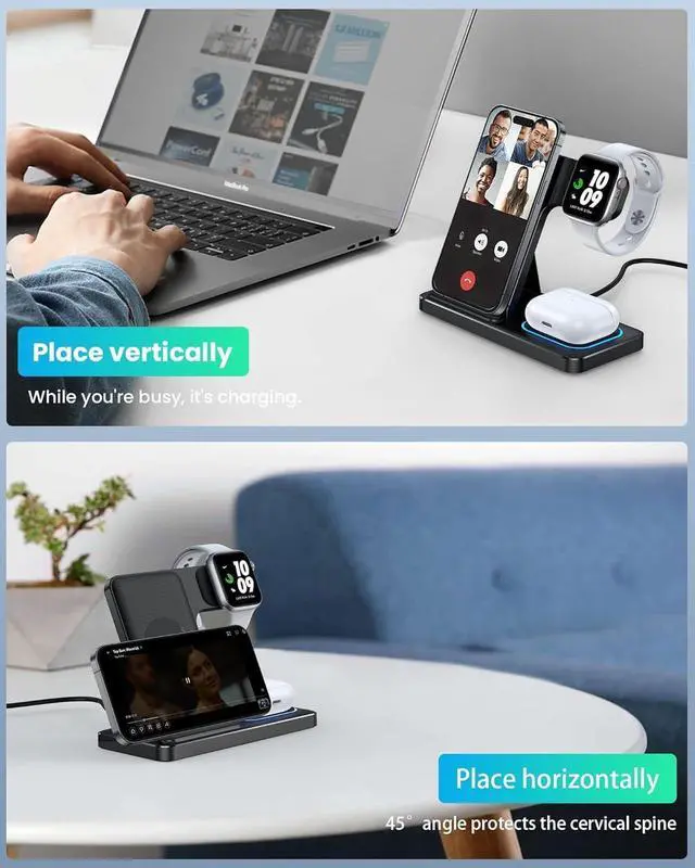 Alt view image 6 of 7 - 3 in 1 Wireless Charger for iphone 16 15 14 13 12 11 XR 8  Charging Station for  Watch 10/9/Ultra/8/7/SE/6/5/4 & AirPods Series Wireless Charging Station for Multiple Devices