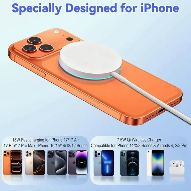Alt view image 5 of 7 - Wireless Charger for iPhone 15W Mag Safe Charger Fast Charging Pad Compatible with iPhone 17 Air iPhone 17 Pro/17/16/15/14/13/12/11/X/8 Series Built-in 3FT Power Cable