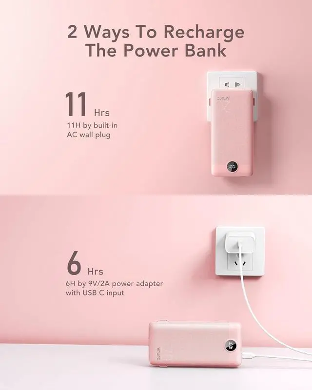 Alt view image 4 of 7 - Portable Charger 20000mAh Fast Charging Power Bank USB C 4 Output 2 Input Travel Essentials Charging Bank Equipped with LED Display Built-in Wall Plug and Cables Phone Charger Battery Pink