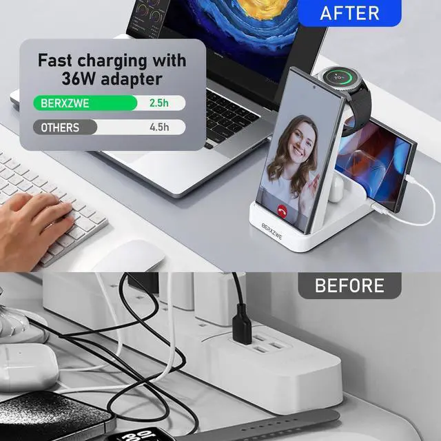 Alt view image 2 of 7 - Wireless Charger for  5 in 1 Wireless Charging Station for  Charger Dock Stand for Galaxy Watch Ultra 7 6 5 4 3 Galaxy S25 S24 Ultra S23 S22 S21 Note 20 10 Z Fold Buds White