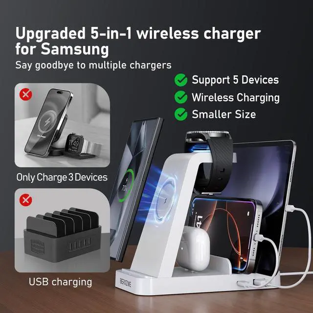 Alt view image 4 of 7 - Wireless Charger for  5 in 1 Wireless Charging Station for  Charger Dock Stand for Galaxy Watch Ultra 7 6 5 4 3 Galaxy S25 S24 Ultra S23 S22 S21 Note 20 10 Z Fold Buds White