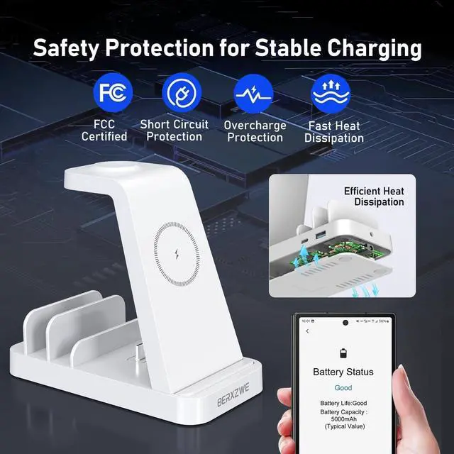 Alt view image 5 of 7 - Wireless Charger for  5 in 1 Wireless Charging Station for  Charger Dock Stand for Galaxy Watch Ultra 7 6 5 4 3 Galaxy S25 S24 Ultra S23 S22 S21 Note 20 10 Z Fold Buds White