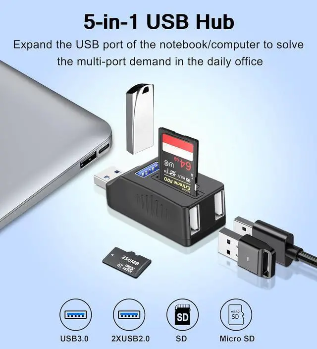 Alt view image 2 of 7 - VIENON 5-Port USB 3.0 Hub with SD TF Card Reader USB Extender Adapter with Memory SD/Micro SD Card Reader USB 3.0/2.0 Ports Portable USB Splitter for Laptop PC Camera Flash Driver HDD Dash Cam
