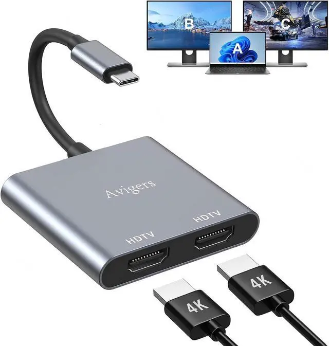Main image of (2 in 1) USB C to Dual Hdmi Adapter for 2 Monitors (MST is not Support on MacOS MacOS Allows Monitor Display 2 Separate Screens Windows Allows Monitor Display 3 Separate Screens)