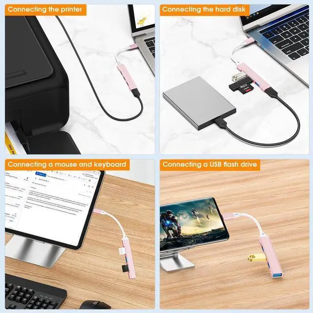 Alt view image 6 of 7 - Mac USB C Adapter - Type C USB Adapter Hub with 4 Ports: 1 USB 3.0 + 3 USB 2.0 Ultra-Slim Aluminum Design 5Gbps Transfer Adapter for Mac USB C Type C USB Hub (Pink)