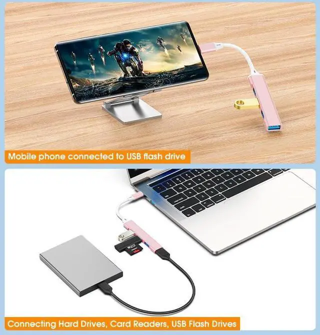 Alt view image 7 of 7 - Mac USB C Adapter - Type C USB Adapter Hub with 4 Ports: 1 USB 3.0 + 3 USB 2.0 Ultra-Slim Aluminum Design 5Gbps Transfer Adapter for Mac USB C Type C USB Hub (Pink)