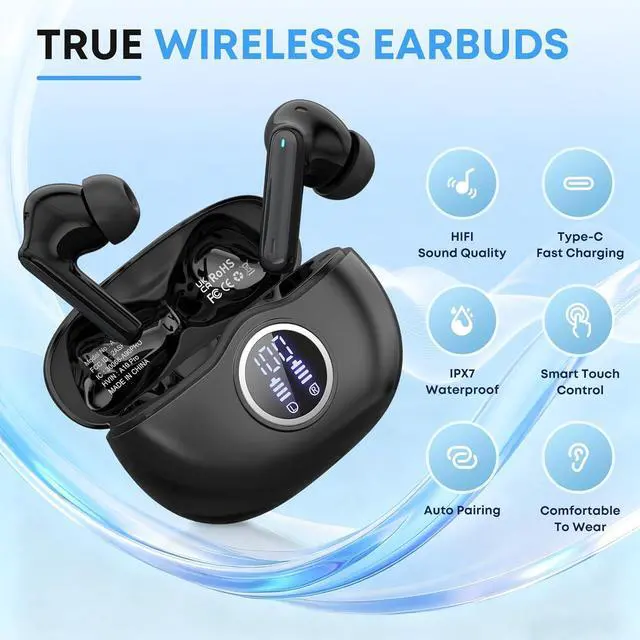 Alt view image 2 of 6 - A10 Pro Wireless Earbuds Bluetooth 5.3 HiFi Stereo 50H Playback LED Digital Display Earphones ENC Noise Cancelling Mic Ergonomic Sport Headphone Headset for Gym/Running/Work-Black
