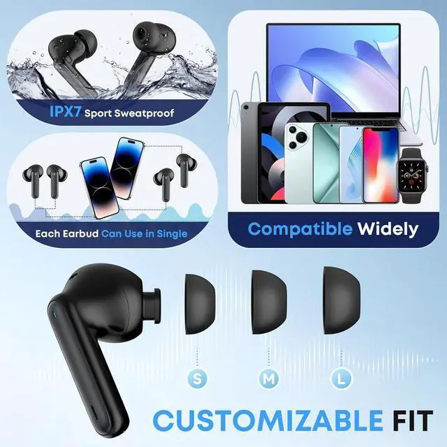 Alt view image 4 of 6 - A10 Pro Wireless Earbuds Bluetooth 5.3 HiFi Stereo 50H Playback LED Digital Display Earphones ENC Noise Cancelling Mic Ergonomic Sport Headphone Headset for Gym/Running/Work-Black