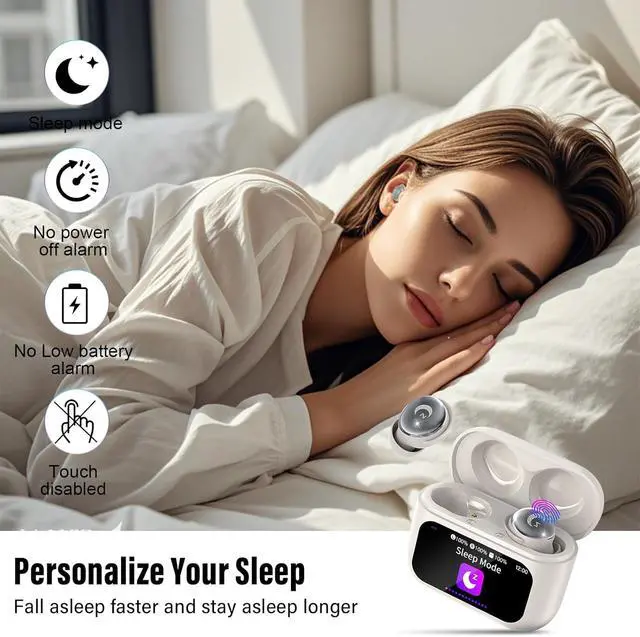 Alt view image 2 of 7 - Sleep Earbuds Bluetooth 5.4 in Ear Smart Touch Screen Earbuds 48H Sleep Headphones Small Design for Side Sleepers Crystal-Clear Calls Ear Buds 5 EQ Modes IPX7 Waterproof Earphones Bee White