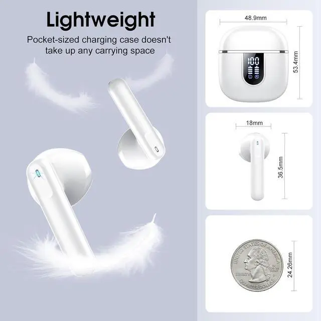 Alt view image 6 of 7 - Wireless Earbuds Bluetooth 5.4 Headphones with 3D Bass Stereo 40H Ultralight in-Ear Buds Bluetooth Earbuds with 4 ENC Noise Cancelling Mic USB-C IP7 Waterproof Earphones for Android iOS Milky