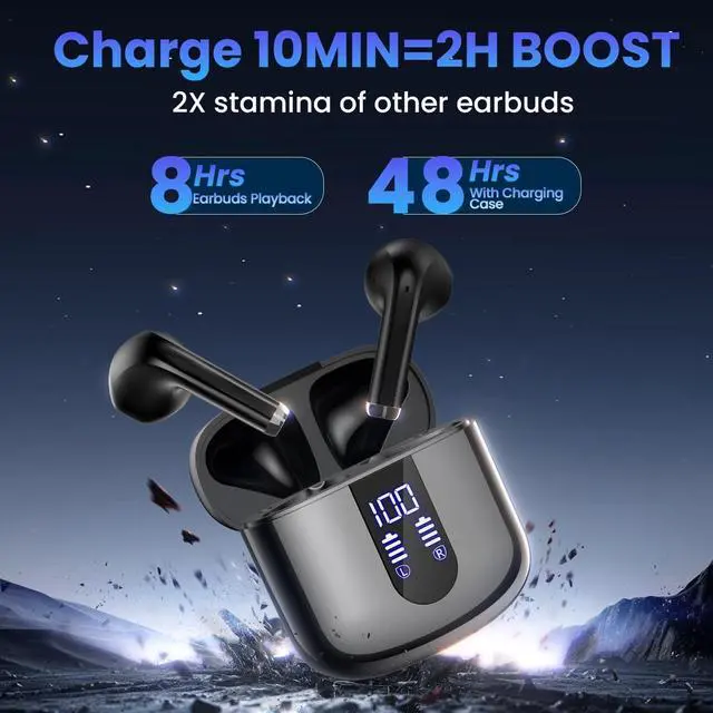 Alt view image 3 of 7 - Wireless Earbuds Bluetooth Headphones with Deep Bass Stereo 48H Playback Ear Buds with LED Power Display Lightweight IPX7 in-Ear Earphones with Mic for iPhone/Android/iPad Black