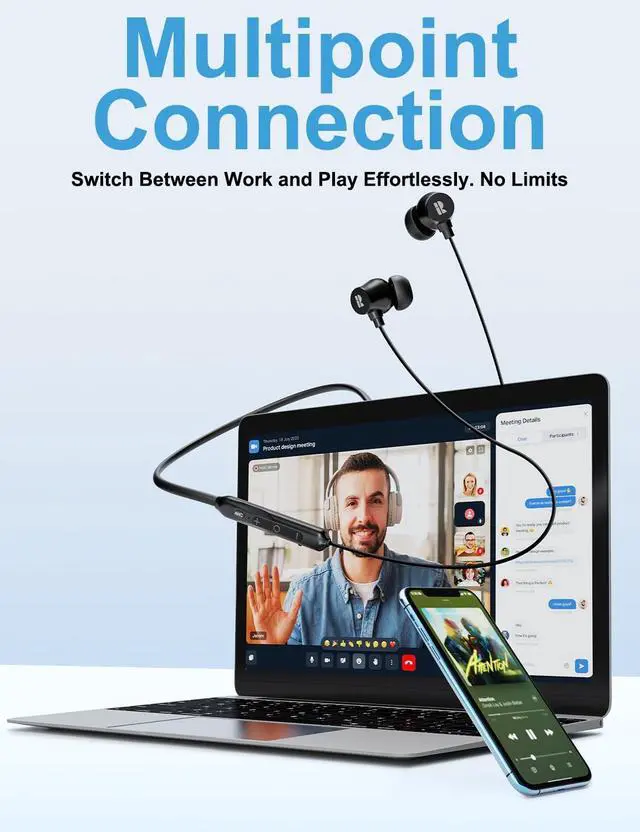 Alt view image 6 of 6 - Active Noise Cancelling Headphones Wireless In Ear Neckband Blutooth Headphones with 3 AI Mics ENC 60Hrs Playtime V5.3 Magnetic Earbuds Multipoint Connection Earphones for Work/Travel/Home/Office
