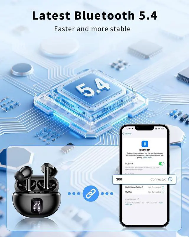 Alt view image 4 of 7 - Wireless Earbuds Bluetooth 5.4 Headphones with 50H Playback Deep Bass Stereo Ear Buds Clear Calls with LED Power Display IPX7 Waterproof in-Ear Earphones with Mic for Phone/Android/iPad Black