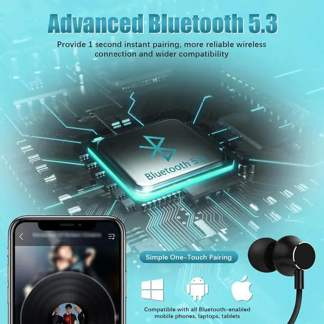 Alt view image 3 of 7 - Neckband Bluetooth Headphones 200H Extra Long Playtime Wireless Stereo Neckband Earbuds with Microphone Waterproof Balanced Armature Drivers in Ear Headset for Sports/Workout (Cyan Green)