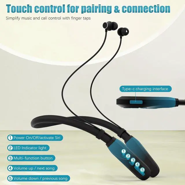 Alt view image 4 of 7 - Neckband Bluetooth Headphones 200H Extra Long Playtime Wireless Stereo Neckband Earbuds with Microphone Waterproof Balanced Armature Drivers in Ear Headset for Sports/Workout (Cyan Green)