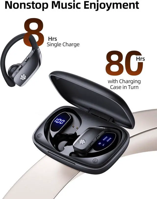 Alt view image 2 of 6 - Wireless Earbuds Bluetooth Headphones Over Ear Hooks Ear Buds with 80H Playtime LED Power Display Dual Mic Clear Calls Sports Wireless Ear Buds Bluetooth Earbuds for Running Gym Workout Black