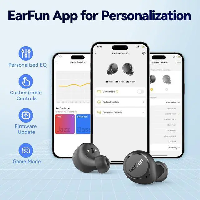 Alt view image 4 of 7 - Free 2S Wireless Earbuds [Upgraded Version] Bluetooth Earbuds with Deep Bass 4 Mics for Clear Call Customizable EQ App IPX7 Waterproof in-Ear Headphones 30H Playtime Wireless Charging