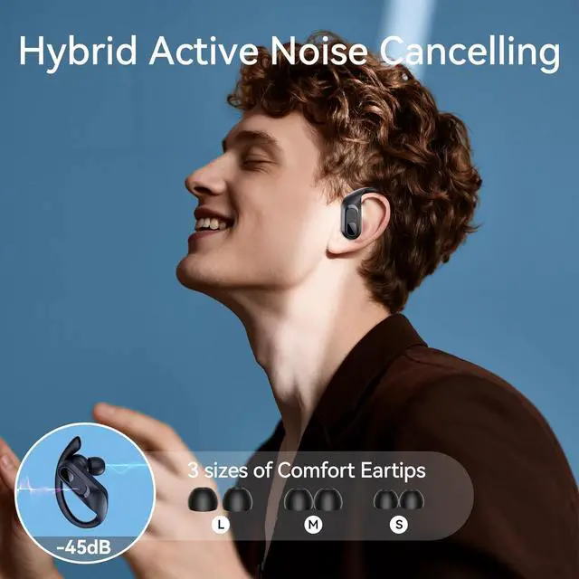 Alt view image 2 of 7 - Active Noise Cancelling Ear Buds Wireless Earbuds Bluetooth Headphones 96Hrs Playback LED Display Over-Ear Waterproof Earphones with Earhooks Mics Clear Call for Sport Pure Black
