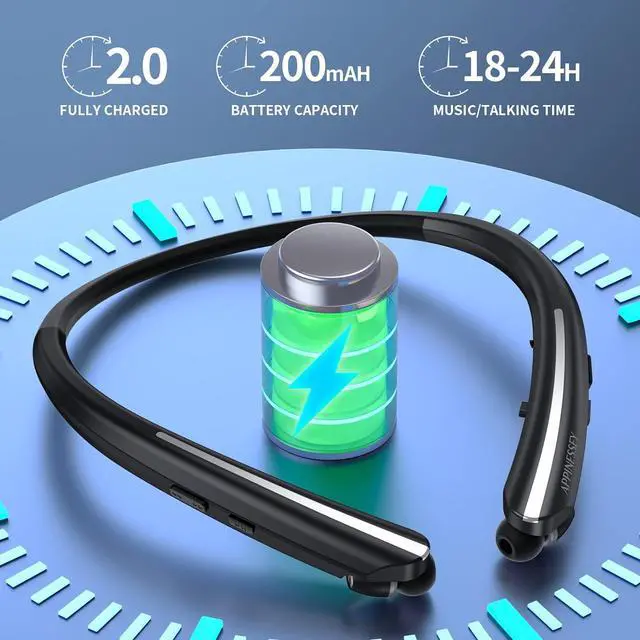 Alt view image 2 of 7 - Bluetooth Headphones Retractable Neckband Bluetooth Headset with Microphone Vibration Call Stereo Noise Cancelling Earphones for Workout Sports Driving (Black)