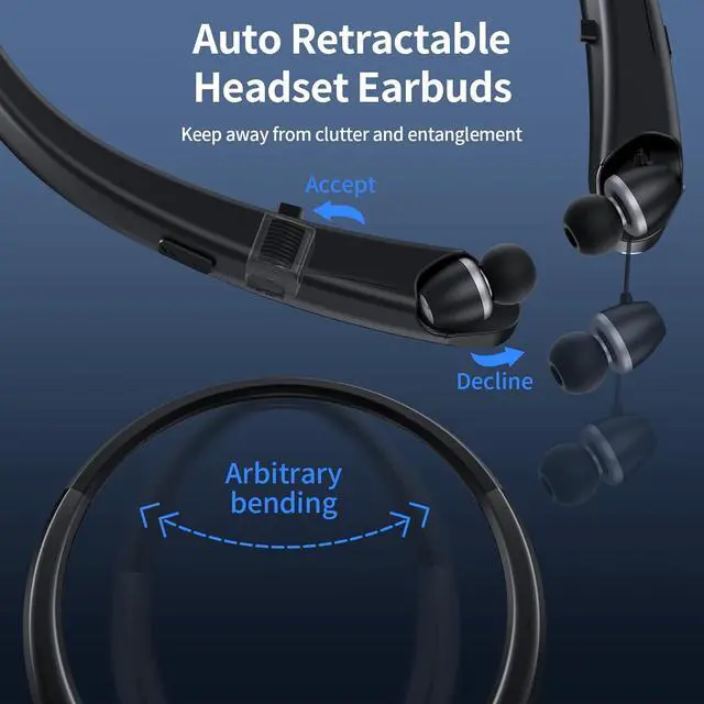 Alt view image 5 of 7 - Bluetooth Headphones Retractable Neckband Bluetooth Headset with Microphone Vibration Call Stereo Noise Cancelling Earphones for Workout Sports Driving (Black)
