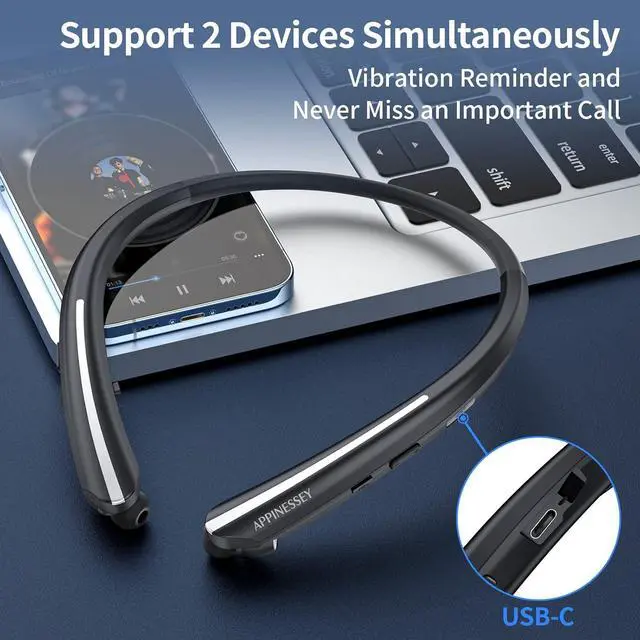 Alt view image 6 of 7 - Bluetooth Headphones Retractable Neckband Bluetooth Headset with Microphone Vibration Call Stereo Noise Cancelling Earphones for Workout Sports Driving (Black)