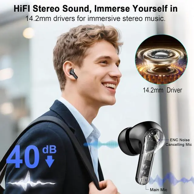 Alt view image 2 of 7 - Wireless Earbuds Bluetooth Headphones 5.4 HiFi Stereo Ear Buds with 4 ENC Noise Cancelling Mics 48H Bluetooth Earbuds with Dual LED Display IP7 Waterproof in Ear Earphones for Android iOS Black