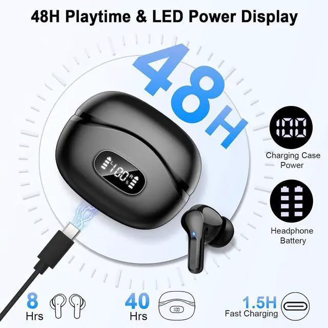 Alt view image 4 of 7 - Wireless Earbuds Bluetooth Headphones 5.4 HiFi Stereo Ear Buds with 4 ENC Noise Cancelling Mics 48H Bluetooth Earbuds with Dual LED Display IP7 Waterproof in Ear Earphones for Android iOS Black