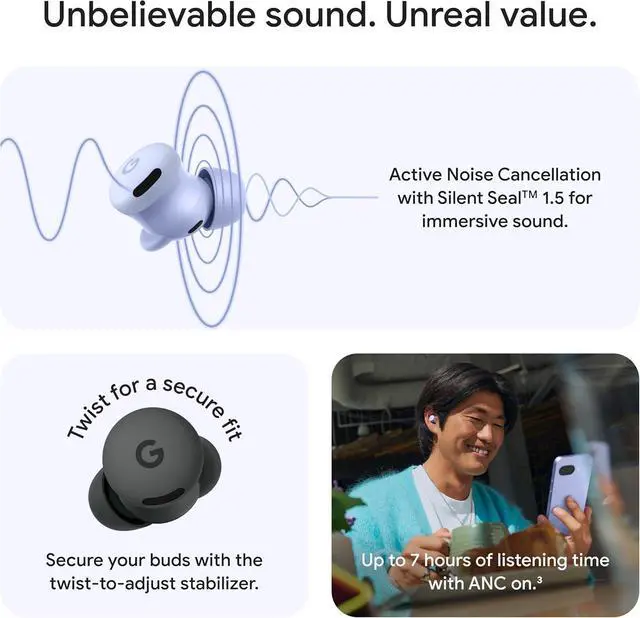 Alt view image 2 of 7 - Pixel Buds 2a - Wireless Bluetooth Earbuds with Active Noise Cancellation and Transparency Mode - Lightweight Comfortable Fit - 20-Hour Battery - Water Resistant - Built for Gemini - Iris