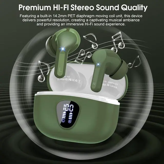 Alt view image 3 of 7 - Wireless Earbuds Bluetooth 5.4 Headphones HiFi Stereo Bluetooth Earbuds with ENC Noise Cancelling Mic IP7 Waterproof in Ear Earphones 48H LED Display Ear buds for Pad Workout Sports Retro Green