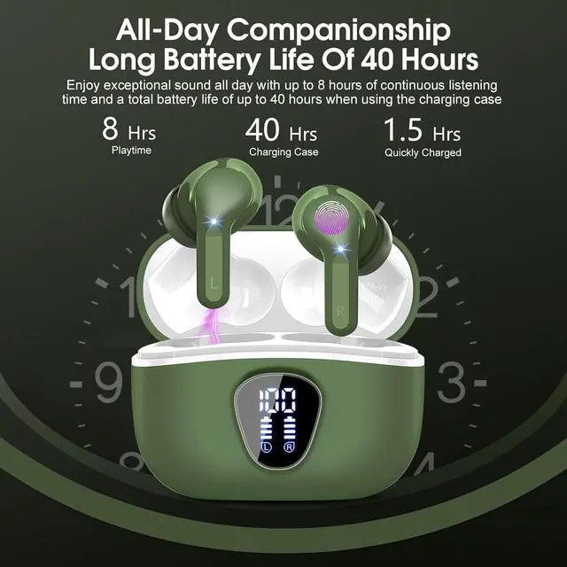 Alt view image 5 of 7 - Wireless Earbuds Bluetooth 5.4 Headphones HiFi Stereo Bluetooth Earbuds with ENC Noise Cancelling Mic IP7 Waterproof in Ear Earphones 48H LED Display Ear buds for Pad Workout Sports Retro Green