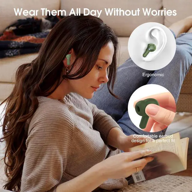 Alt view image 6 of 7 - Wireless Earbuds Bluetooth 5.4 Headphones HiFi Stereo Bluetooth Earbuds with ENC Noise Cancelling Mic IP7 Waterproof in Ear Earphones 48H LED Display Ear buds for Pad Workout Sports Retro Green