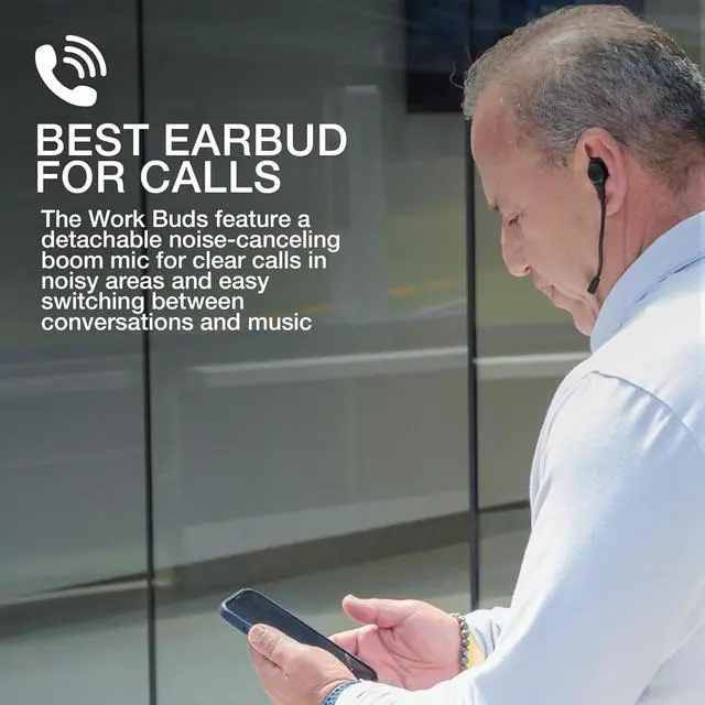 Alt view image 4 of 7 - Work Buds in-Ear True Wireless Headset with Detachable Noise-Canceling Boom Mic Black Long 55+ Total Hours Playtime Bluetooth Multipoint USB-C Charging Dock