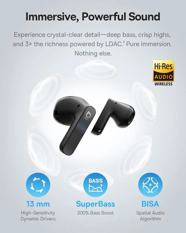 Alt view image 3 of 7 - BS1 NC Semi-in-Ear True Wireless Noise Cancelling Earbuds with Adaptive Hybrid ANC Hi-Res Audio (LDAC) 40H Playtime 4g Ultra-Lightweight Fit 6-Mic AI Clear Call Bluetooth 6.0 (Black)